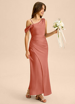 Azazie Madelyn Junior Osłona Zza ramienia Satyna elastyczna Długość podłogi Młodsza druhna Sukienka image6