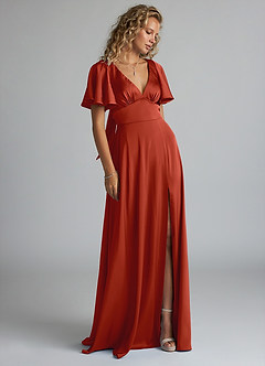 Azazie Kimber Bridesmaid Dresses Rust A-Line Ruched Stretch Satin Dress image4