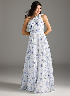 Azazie Charlize Jurken voor bruidsmeisjes Jurk van Chiffon met A-Lijn One-Shoulder Blauw Huisje Bloemen image1
