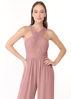 Azazie Berdie Bridesmaid Dresses Dusty Rose Halter Chiffon Jumpsuit image5
