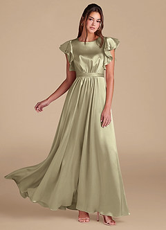 Azazie Daphne Modest Bridesmaid Dresses A-Line Ruched Metallic Satin Floor-Length Dress image1