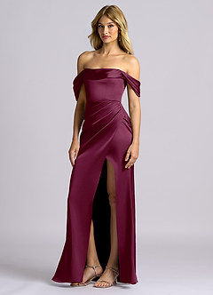 Azazie Auden Bridesmaid Dresses Mulberry Sheath Off the Shoulder Stretch Satin Convertible Dress image4