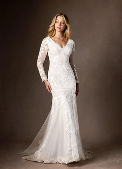 Azazie Dulce Amor Wedding Dresses Diamond White Mermaid V-Neck lace Tulle Dress image2