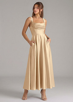 Azazie Shaude Bridesmaid Dresses Champagne A-Line Pleated Stretch Satin Dress image3