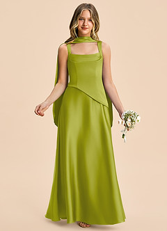 Azazie Carmyn Junior Vestido Hierba De Limón de Satén Elástico de Corte en A con Plisado image5