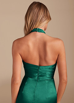 Azazie Jemma Bridesmaid Dresses Emerald Sheath Pleated Metallic Satin Dress image2