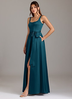 Azazie Elliott Bridesmaid Dresses Ink Blue A-Line with Pockets Stretch Satin Dress image4