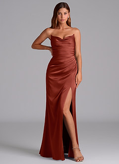 Azazie Claudelle At-home Try On Dresses Dusty Blue Mermaid Strapless Stretch Satin Dress image5