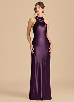 Azazie Velli 신부 들러리 드레스 쉬스 하이넥 메탈릭 새틴 바닥 길이 드레스 image2