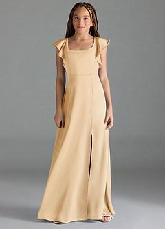 Azazie Bondi Junior Gold A-Line Side Slit Stretch Satin Dress image1