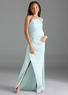Azazie Eren Junior Sea Glass Sheath Pleated Stretch Satin Dress image3