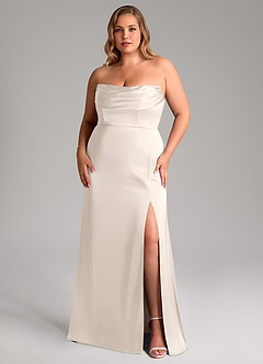 Azazie Saige Bridesmaid Dresses White Alabaster Sheath Off the Shoulder Stretch Satin Dress image11