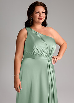 Azazie Brooke Vestidos de damas de honor Vestido de Agave de Satén Elástico de Corte en A con Hombro unilateral image13