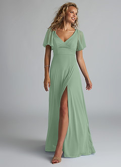 Azazie Induh Brautjungfernkleider A-Linie Flattert V-Hals Gittergewebe Kleid Matcha image1