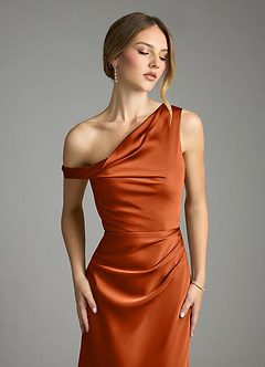 Azazie Emerson Robes de demoiselle d'honneur Robe Sirène en Satin extensible Épaule décolletée Orange Brûlée image2