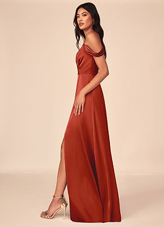 Azazie Ocean Bridesmaid Dresses Rust A-Line V-Neck Pleated Stretch Satin Dress image3