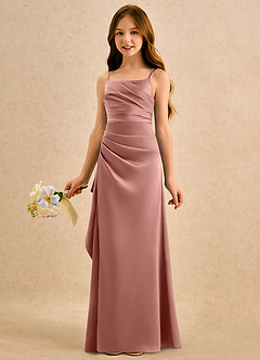 Azazie Cannoli Girls Formal Blumenmädchenkleider A-Linie Plissee Stretch-Satin Kleid Rosettenrosa image4