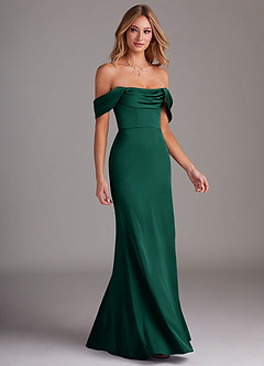Azazie Saige Bridesmaid Dresses Emerald Sheath Off the Shoulder Stretch Satin Dress image6