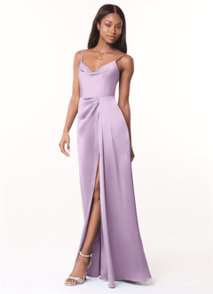 Azazie Brielle Bridesmaid Dresses Frosted Lilac A-Line Cowl Spaghetti Straps Stretch Satin Dress image3