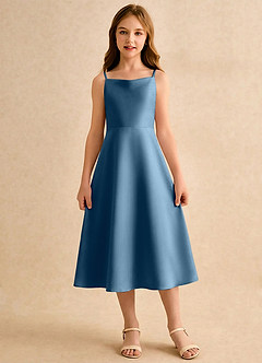 Azazie Jaella Girls Formal Blomsterpigekjoler A-Line Plisseret Mat satin Te-længde Kjole image3