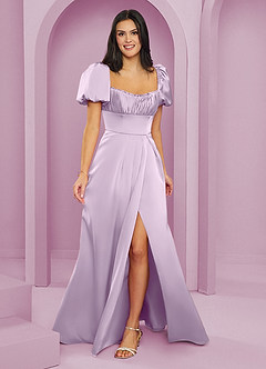 Barbie ♥ Azazie Bridesmaid Dresses Frosted Lilac A-Line Ruched Stretch Satin Dress image1