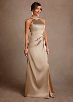 Azazie Lawrence Mother of the Bride Dresses Taupe A-Line Pleated Stretch Satin Dress image4