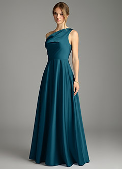 Azazie Xanthe Bridesmaid Dresses Ink Blue A-Line Off the Shoulder Stretch Satin Dress image4