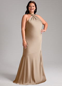 Azazie Lorena Bridesmaid Dresses Taupe Mermaid Pleated Stretch Satin Dress image10