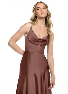 Azazie Kayla Bridesmaid Dresses Espresso Sheath Side Slit Stretch Satin Dress image4