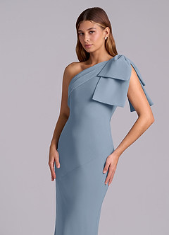 Azazie Yuanna At-home Try On Dresses Dusty Blue Mermaid One Shoulder Chiffon Dress image7