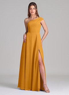 Azazie Melanie Bridesmaid Dresses Butterscotch A-Line Off the Shoulder Chiffon Dress image3