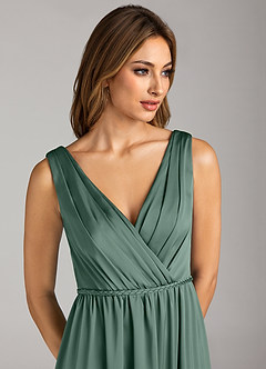 Azazie Tanicia Bridesmaid Dresses Eucalyptus A-Line Pleated Stretch Satin Dress image6