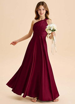 Azazie Charlize Junior Vestido Borgonha de Cetim elástico de Linha A com Plissado image4