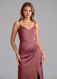 Azazie Leo Bridesmaid Dresses Desert Rose Sheath Pleated Stretch Satin Dress image3