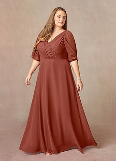 Azazie Bronwyn Mère de la mariée Robes Robe Trapèze en Mousseline de soie Col V froncé Auburn image8