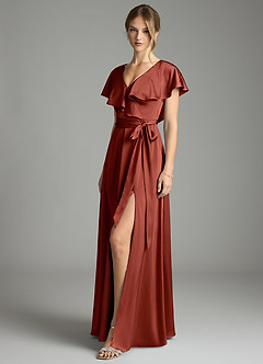 Azazie Lainey Bridesmaid Dresses Terracotta A-Line with Pockets Stretch Satin Dress image4