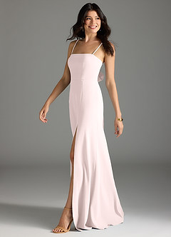 Azazie Melia At-home Try On Dresses Blushing Pink A-Line Bow Stretch Crepe Dress image3