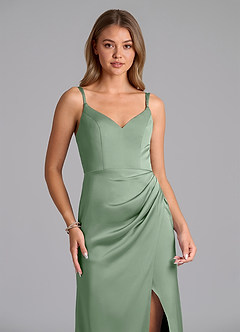 Azazie Leo Vestidos de damas de honor Vestido de Matcha de Satén Elástico de Corte Recto con Plisado image3