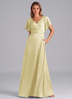 Azazie Ambrosia Bridesmaid Dresses Lemon Sorbet A-Line Pleated Stretch Satin Dress image5