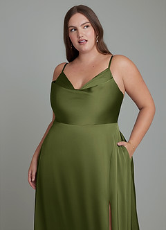 Azazie Sarella Bridesmaid Dresses Olive A-Line Pleated Stretch Satin Dress image8