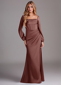 Azazie Charissa Bridesmaid Dresses Espresso Sheath Long Sleeve Stretch Satin Dress image3