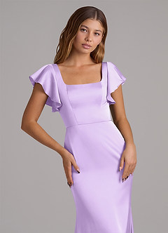 Azazie Elkie Robes de demoiselle d'honneur Robe Sirène en Satin extensible Col Carré Lilas image6