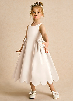 Azazie Macaroon Flower Girl Dresses White Alabaster Ball-Gown Bow Matte Satin Dress image5