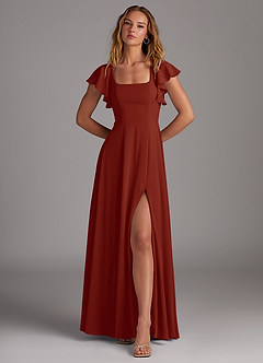 Azazie Bondi Robes de demoiselle d'honneur Robe Trapèze en Mousseline extensible Fente Latérale Rouille image4