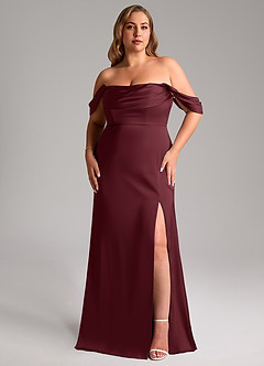 Azazie Saige Robes de demoiselle d'honneur Robe Fourreau en Satin extensible Épaule décolletée Cabernet image11