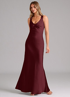 Azazie Kamila Bridesmaid Dresses Cabernet A-Line Pleated Stretch Satin Dress image3