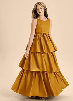 Azazie Meadowyn Junior Vestido de Caramelo de Satén Elástico de Corte En A con Lazo image3
