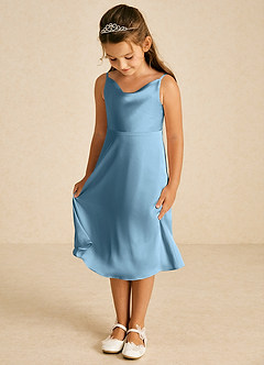 Azazie Zuzu Flower Girl Dresses Steel Blue A-Line Spaghetti Strap Stretch Satin Dress image3
