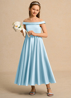 Azazie Teeny Junior Formal Abiti da Ragazza di Fiori Abito A-Line in Raso Opaco Plissettato Azzurro image4