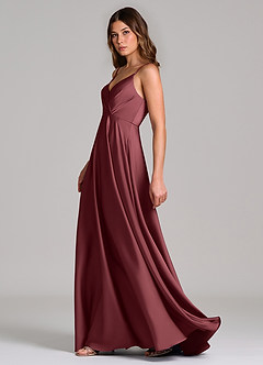 Azazie Amani Bridesmaid Dresses Merlot A-Line Pleated Stretch Satin Dress image3